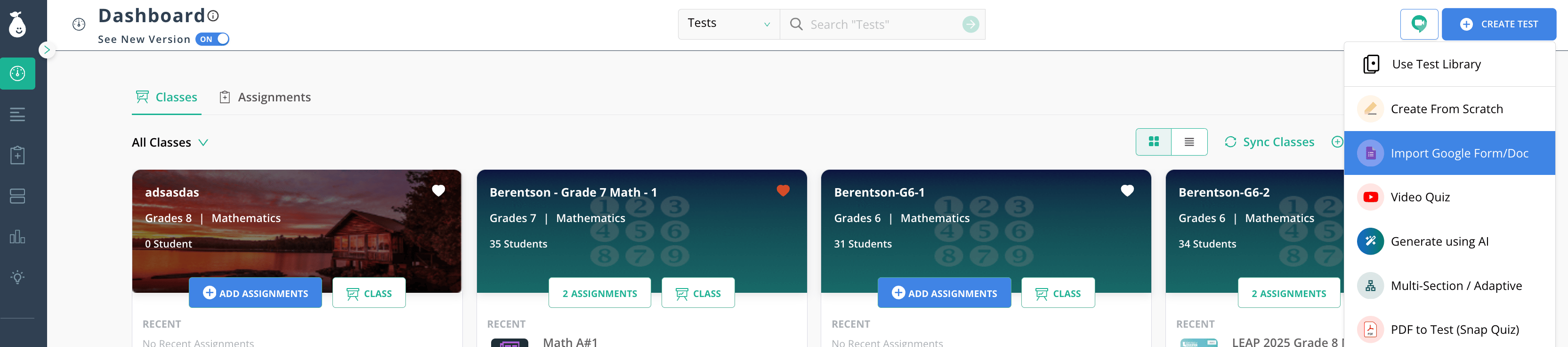 The "Import Google Form/Doc" option in the "Create Test" menu.