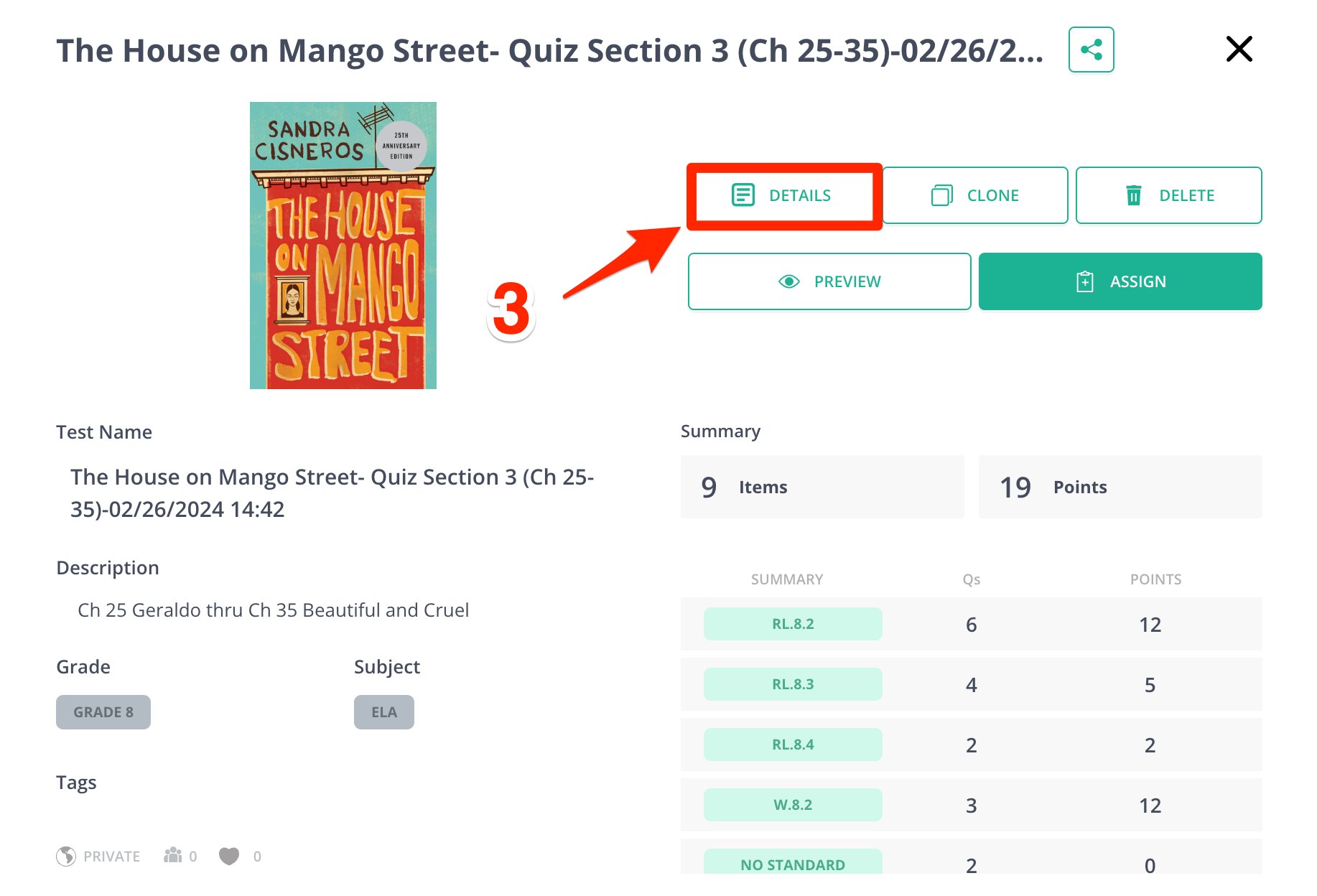 Details button on a test.