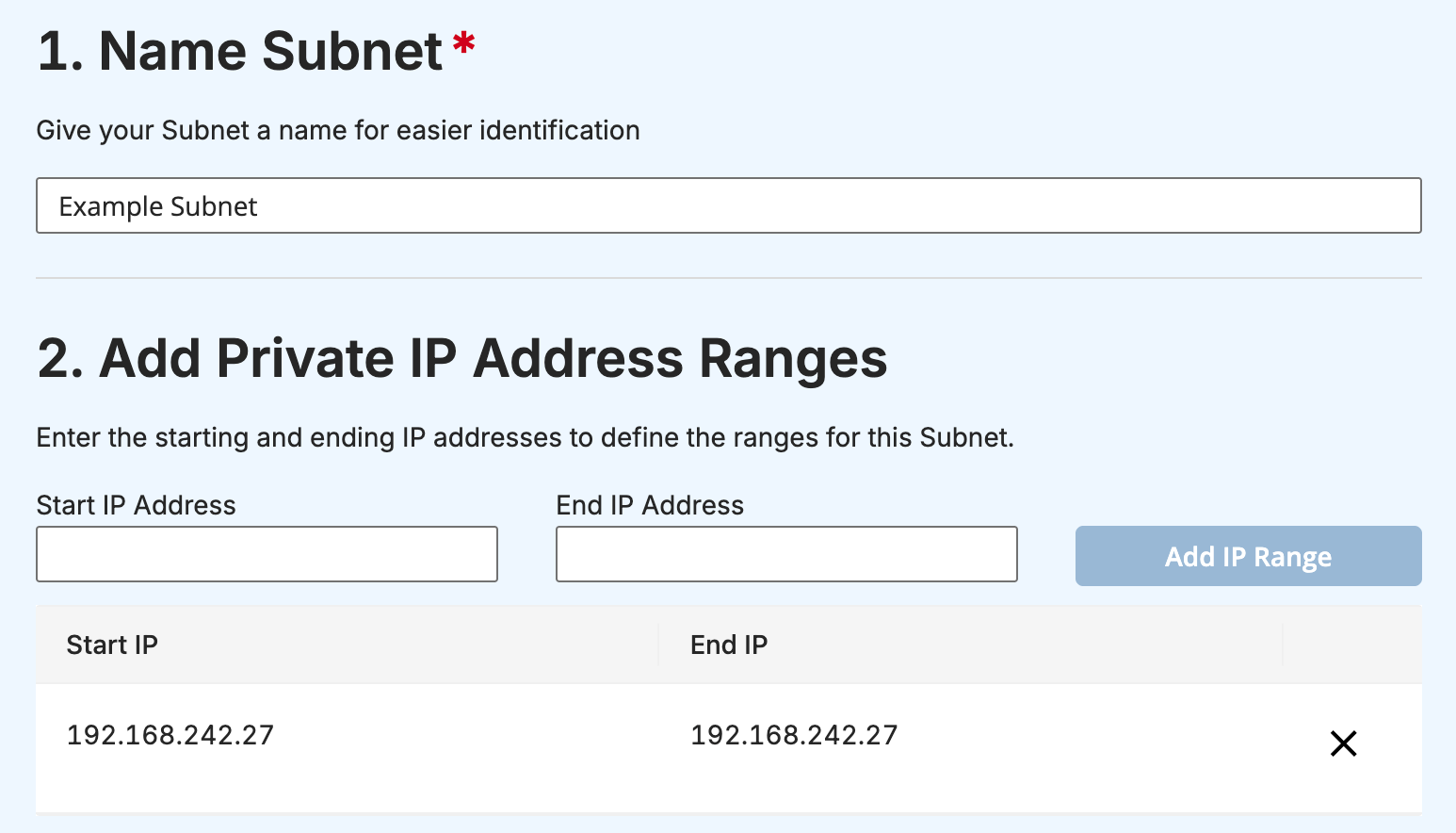 Add Subnet panel showing the Name Subnet field and Add Private IP Address Ranges section