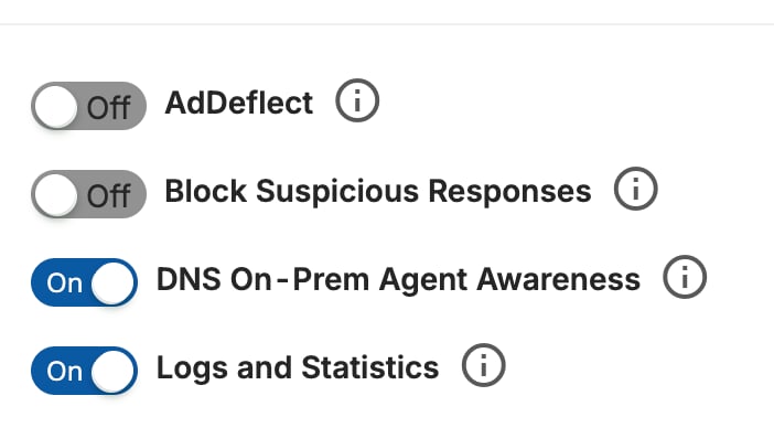 Network toggle list showing the DNS On-Prem Agent Awareness toggle turned on