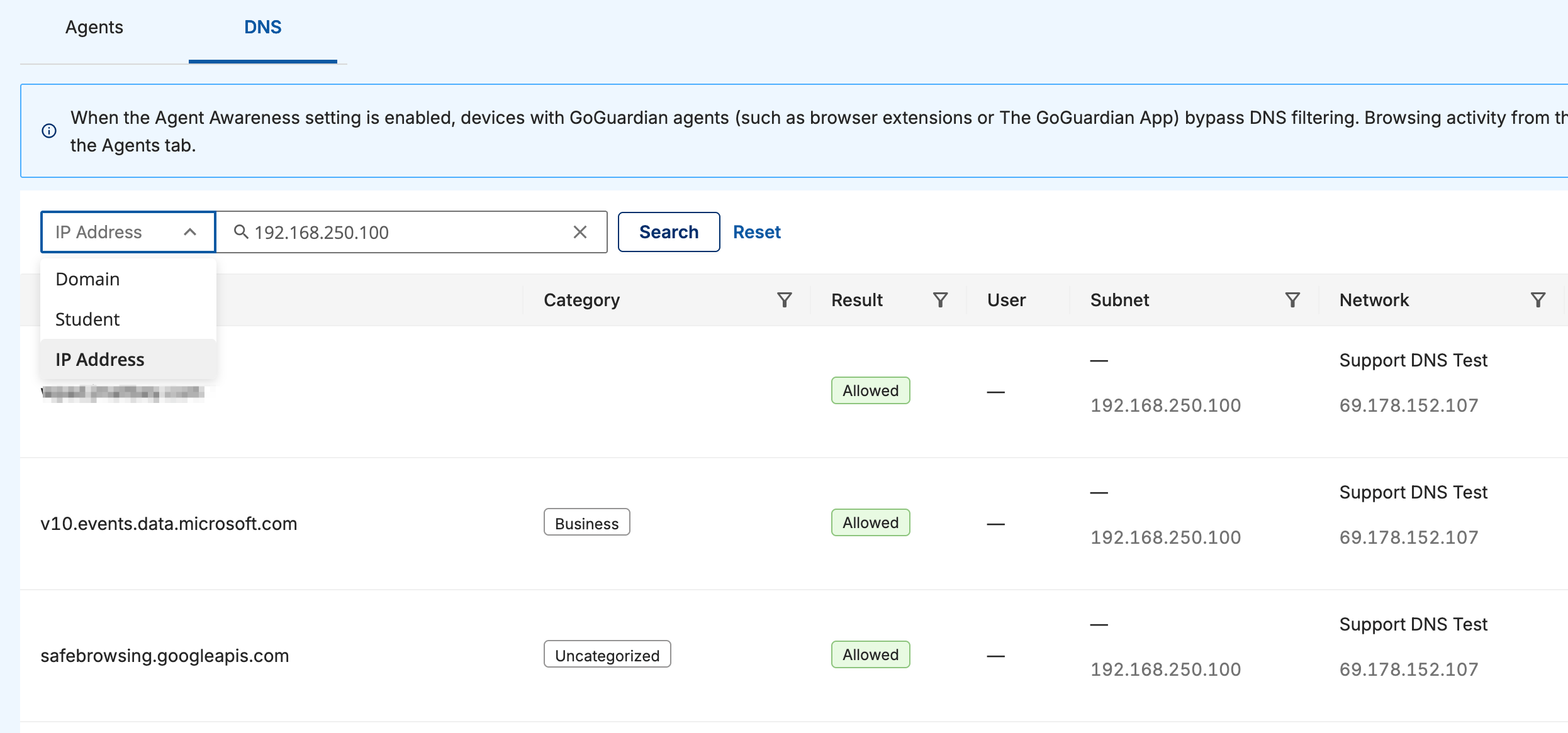 DNS tab of browsing activity, showing the Domain, Student, and IP Address search dropdown and result columns