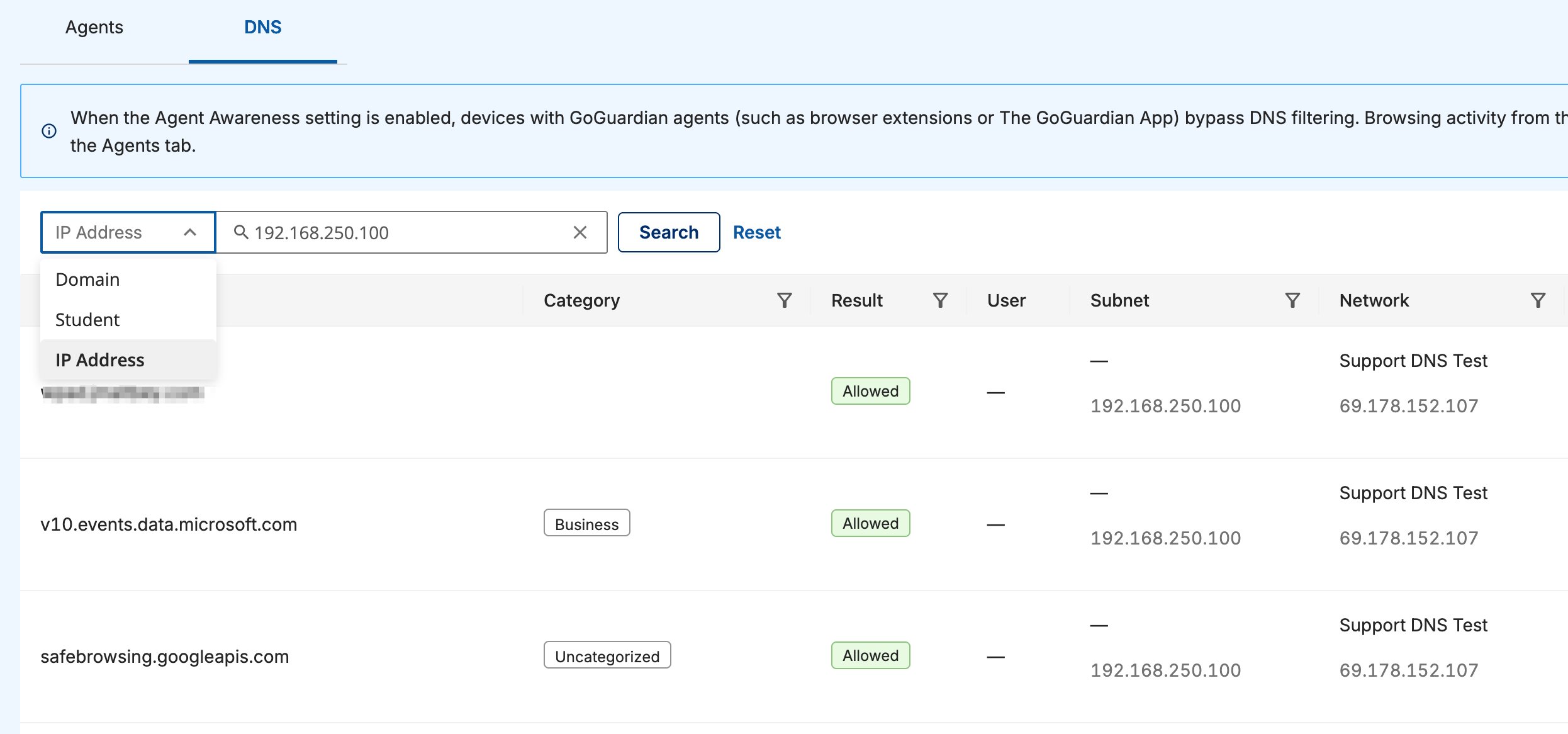 DNS tab of browsing activity, showing the Domain, Student, and IP Address search dropdown and result columns