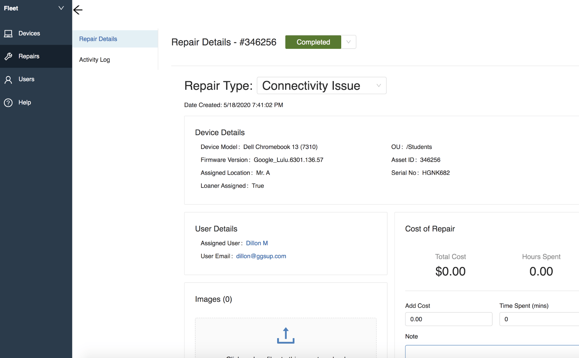 Fleet menu. Repairs (selected) Repair Details for #346356 (completed) Repair Type: Connectivity Issue. Device…