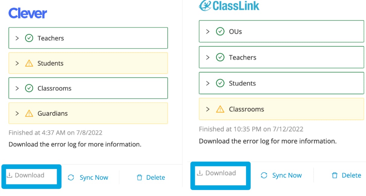 Clever and ClassLink integration error log download link