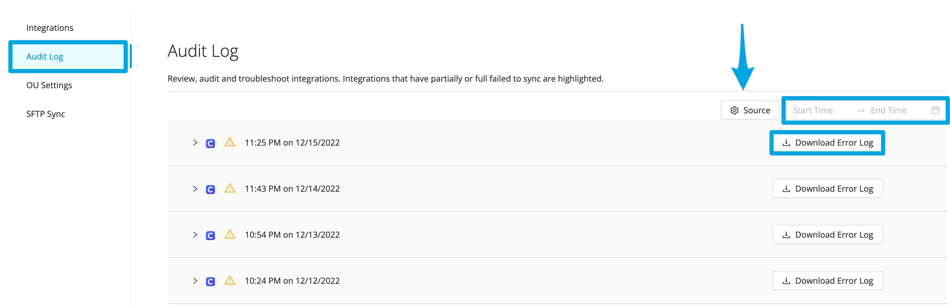 Integrations Audit Log interface