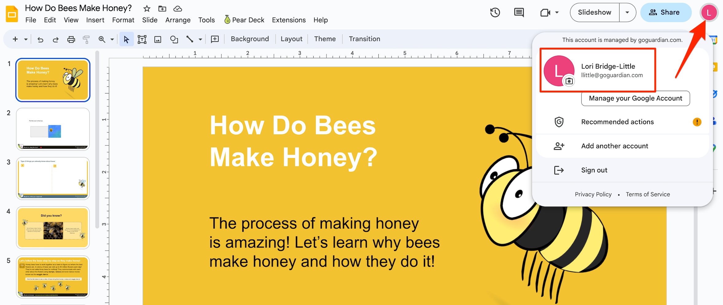 Google Slides window with arrow pointing to account profile picture and email