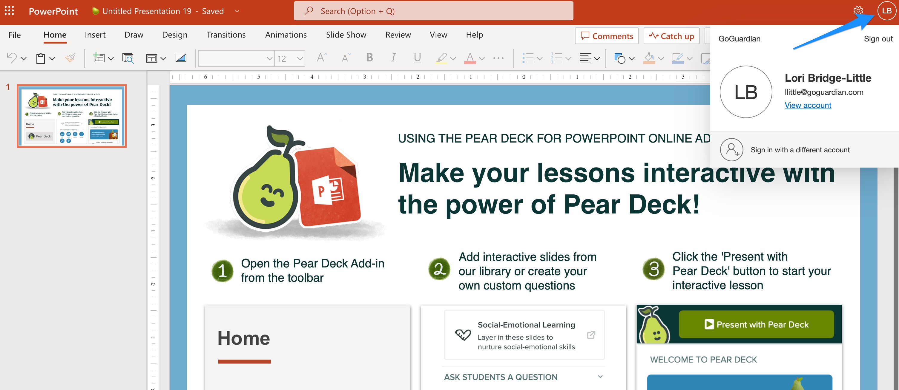 Microsoft PowerPoint window with blue arrow pointing to account profile icon