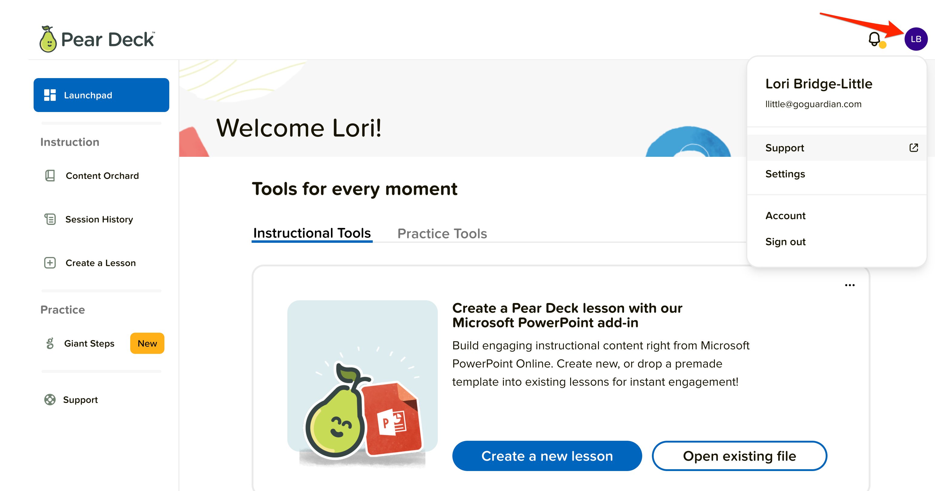 Pear Deck Launchpad with red arrow pointing to account profile