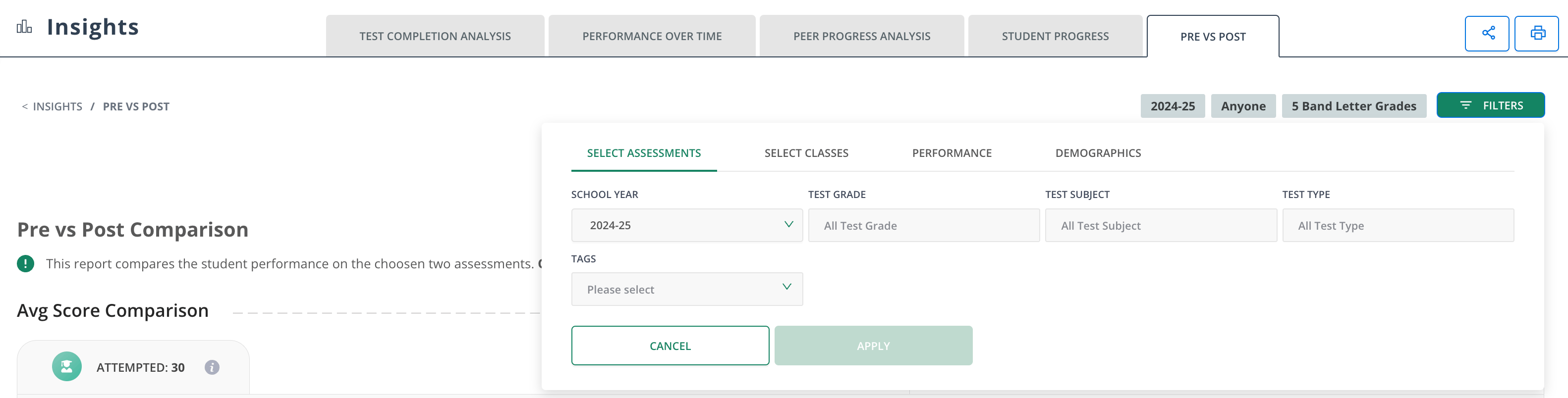 View of the Filters available in the Pre vs Post report.