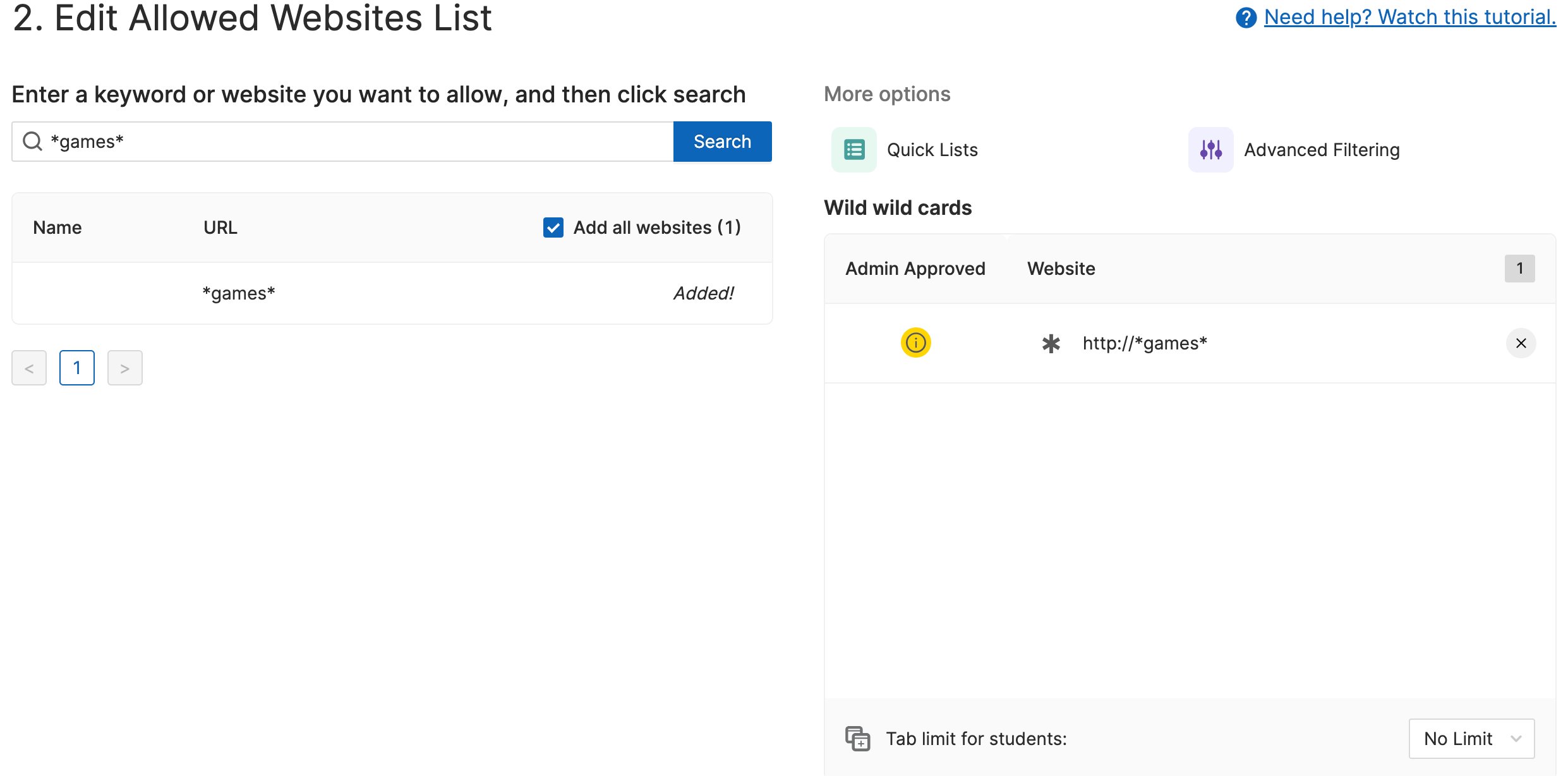 games added to an Allow list Scenes demonstrating the use of wildcards in a Scene