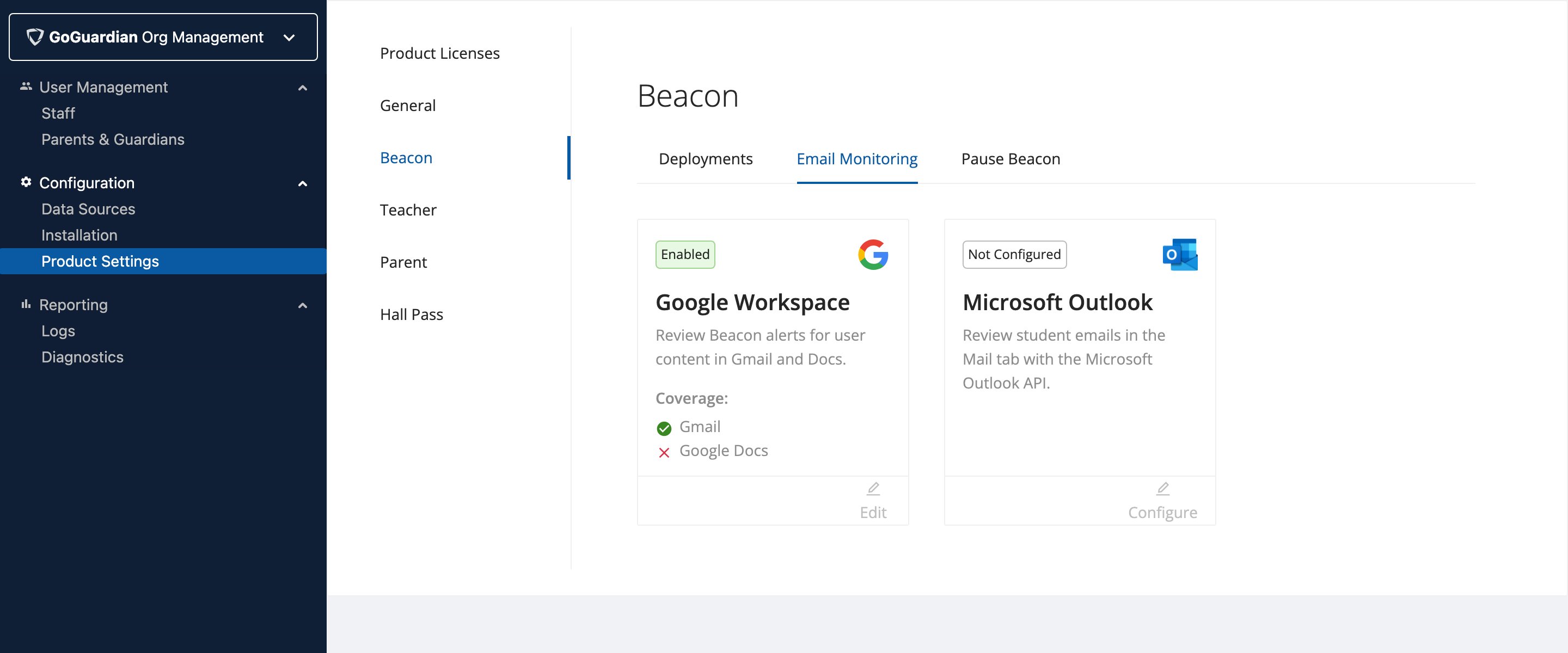 Beacon Email Monitoring — Google Workspace and Microsoft Outlook cards