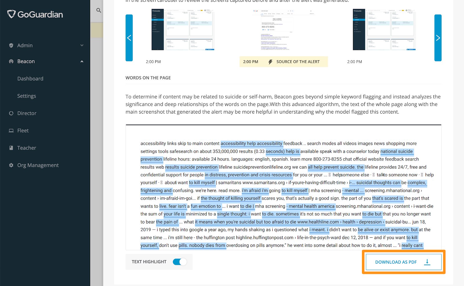 Rational Tab of alert. Action option: Download as PDF (selected)