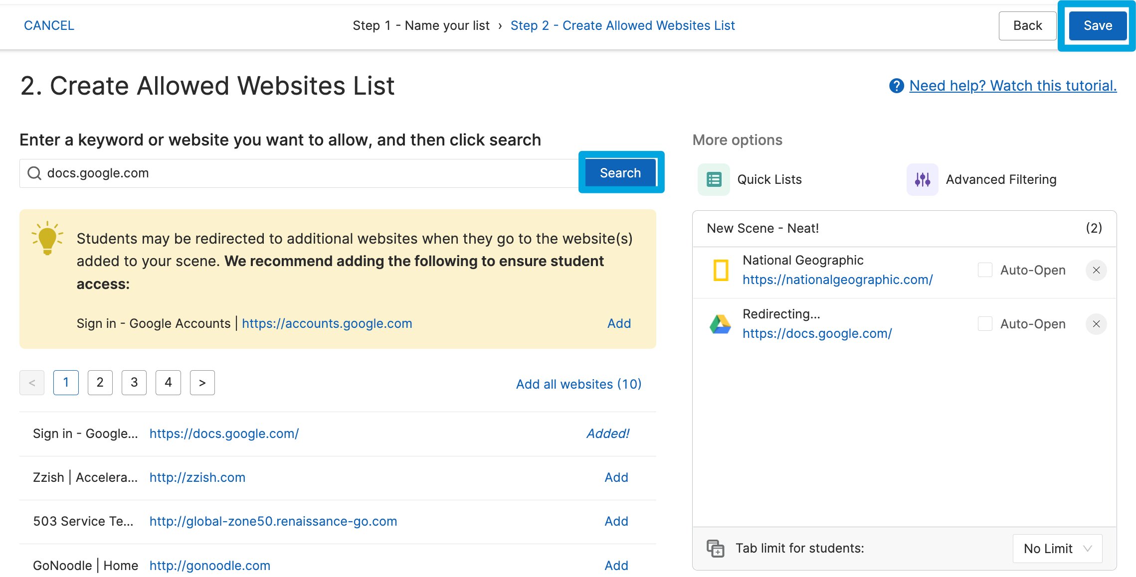 Scene web filtering rule customization page