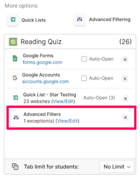 Scene list highlighting an Advanced filtering rule entry