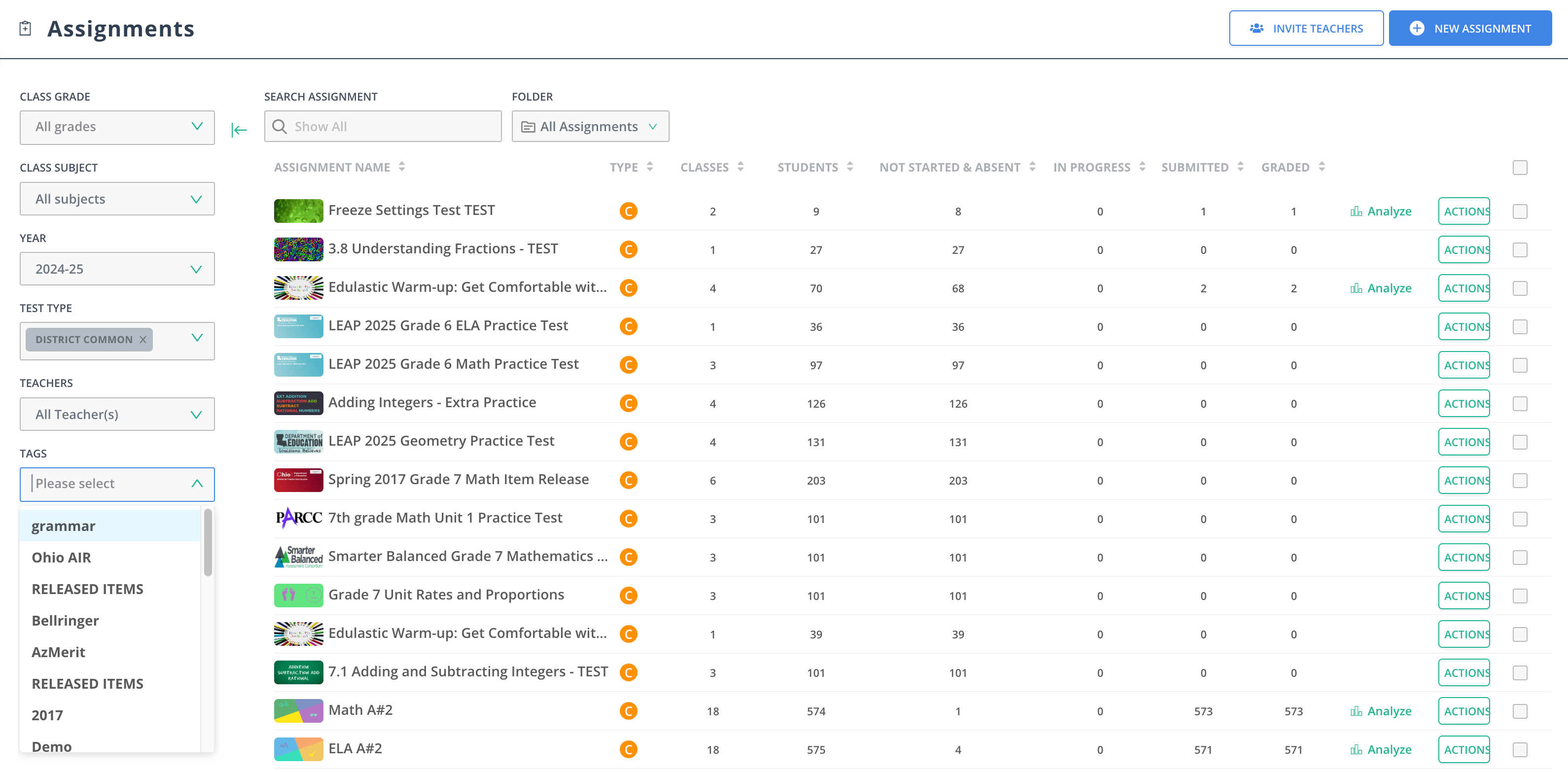 Filter on the Assignments screen.