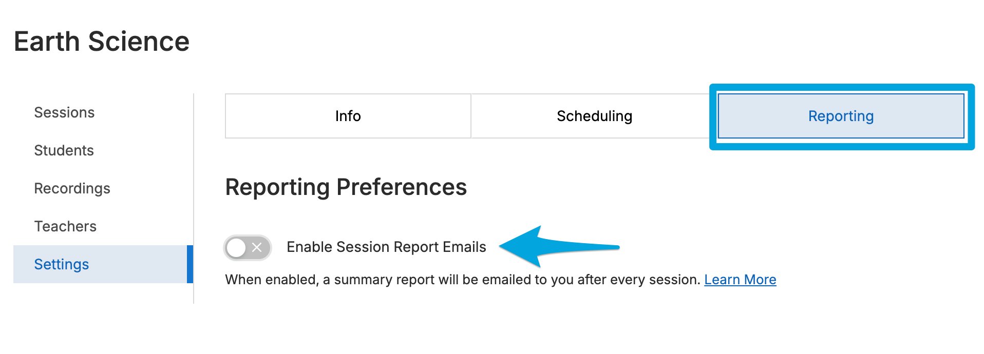 In the Reporting section, click the toggle to turn off session report emails for that class.