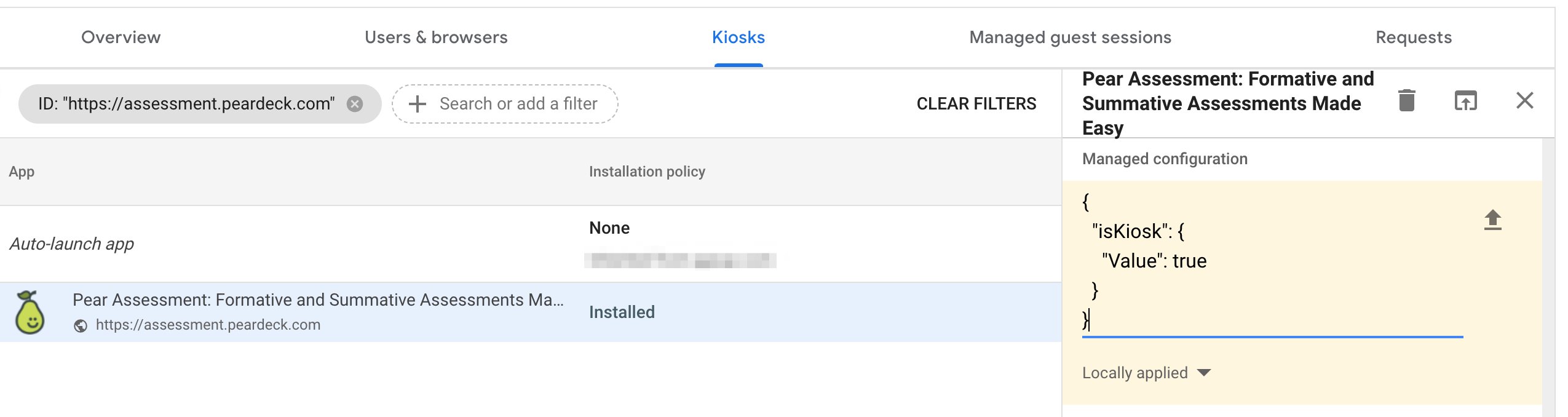Add a managed configuration in the kiosk settings.