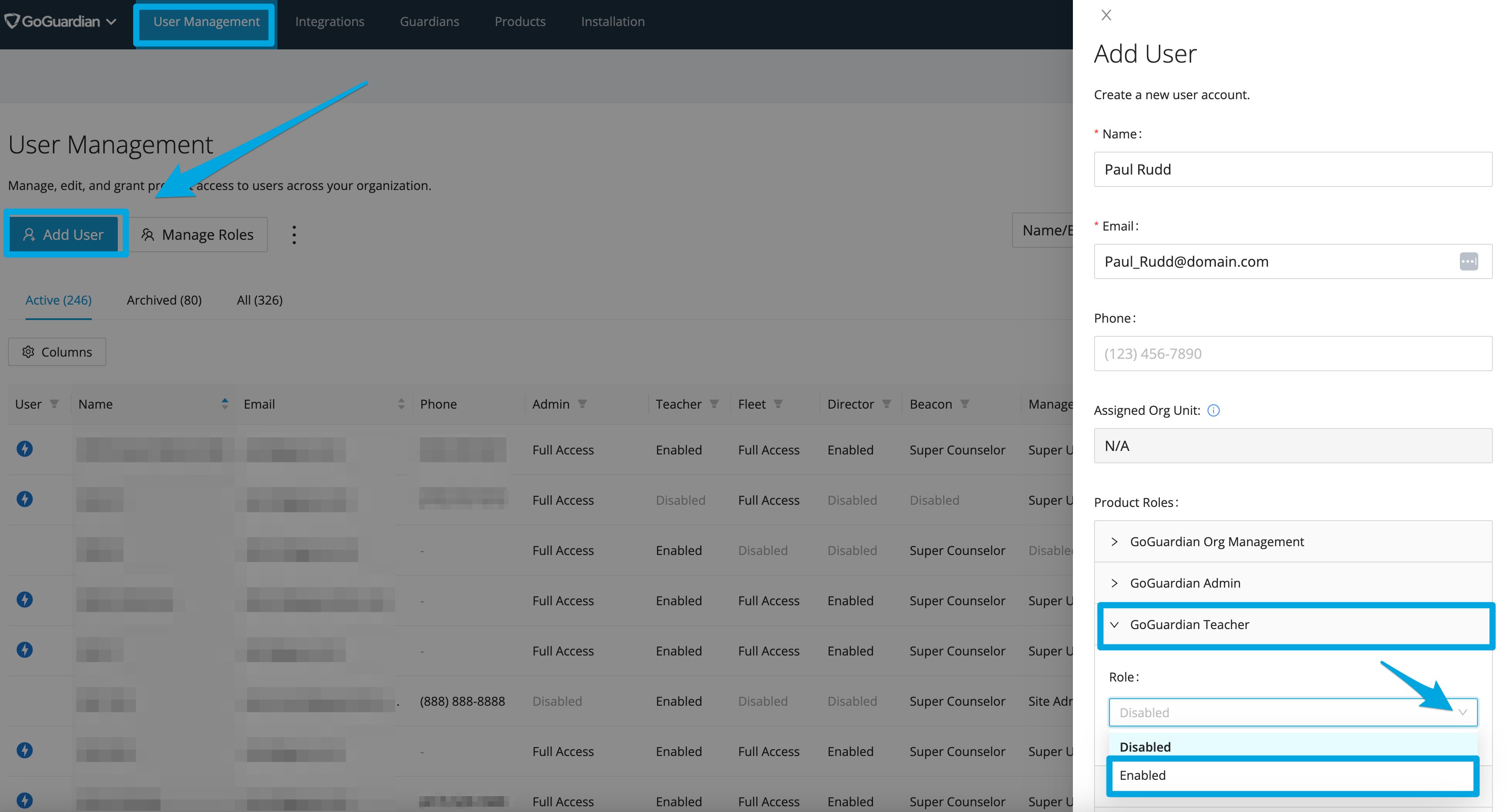 Add User settings and interface in GoGuardian Org Management