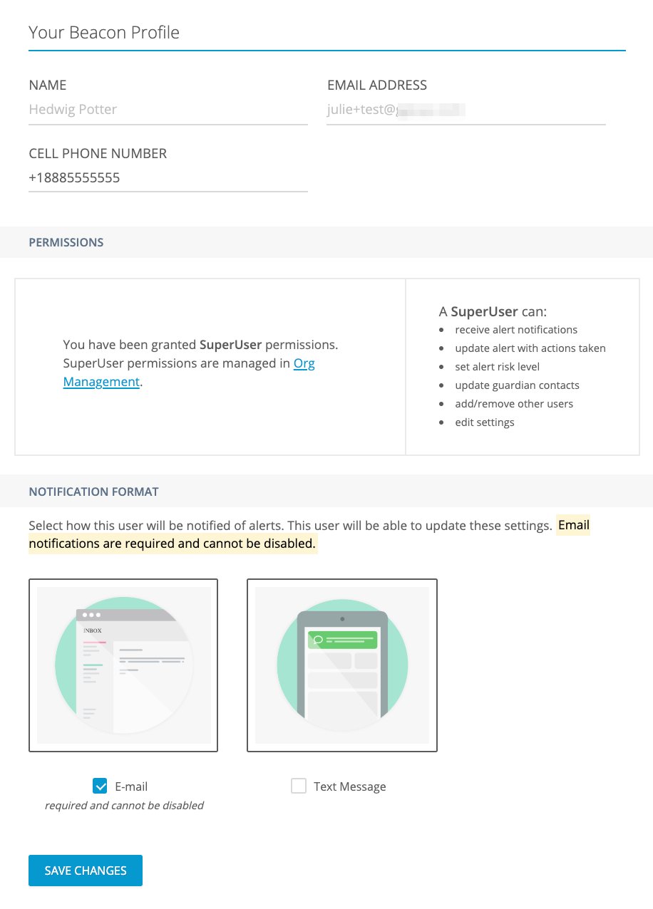 "Your Beacon Profile" page used to add name, email, cell number, and email or text notification preferences