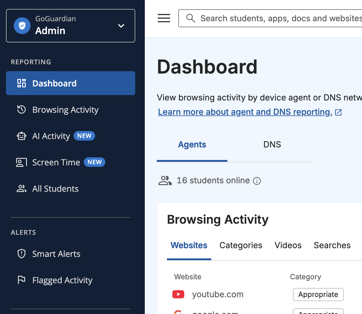 GoGuardian Admin dashboard with the redesigned side navigation and New badges on AI Activity and Screen Time