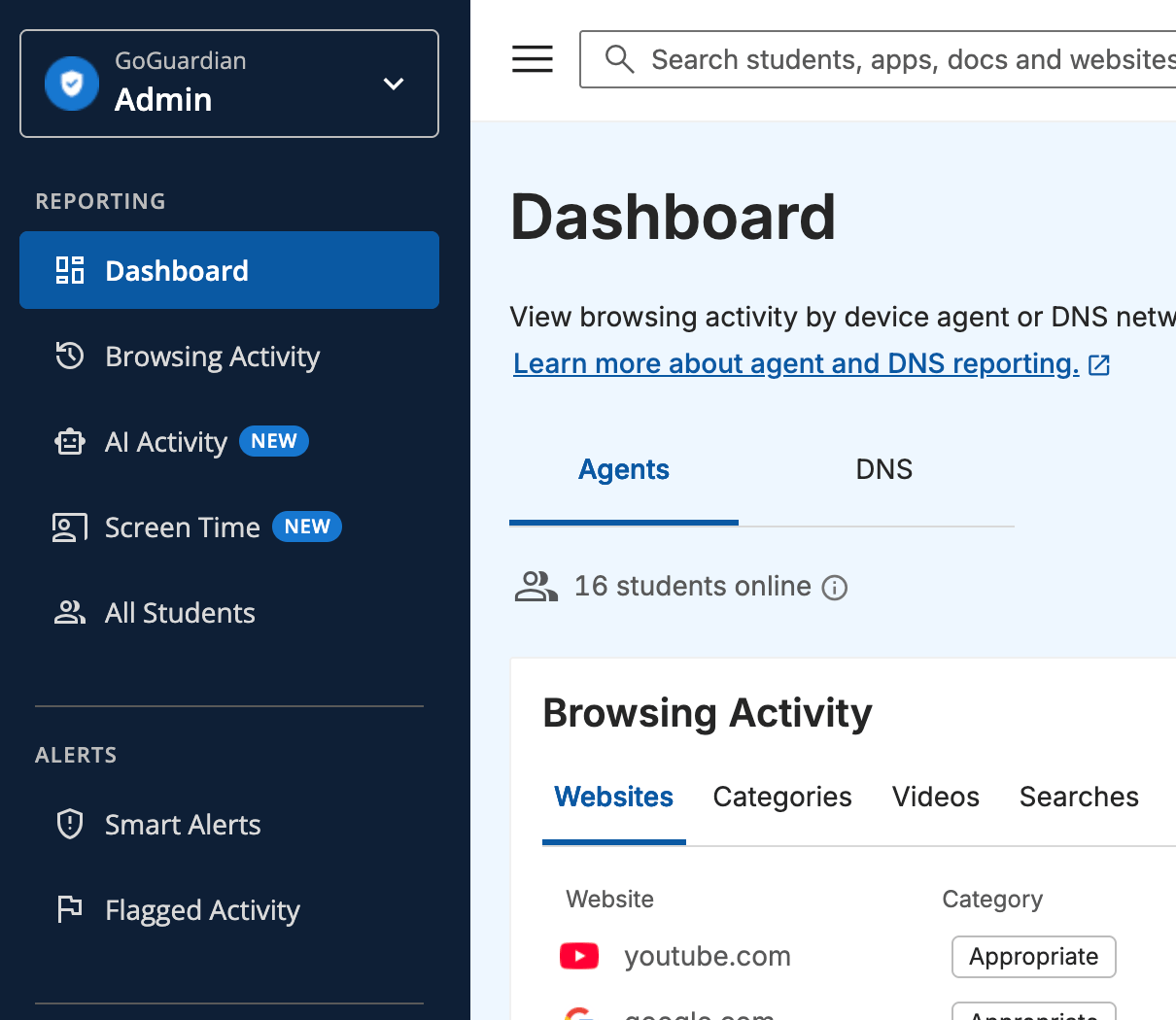 GoGuardian Admin dashboard with the redesigned side navigation and New badges on AI Activity and Screen Time