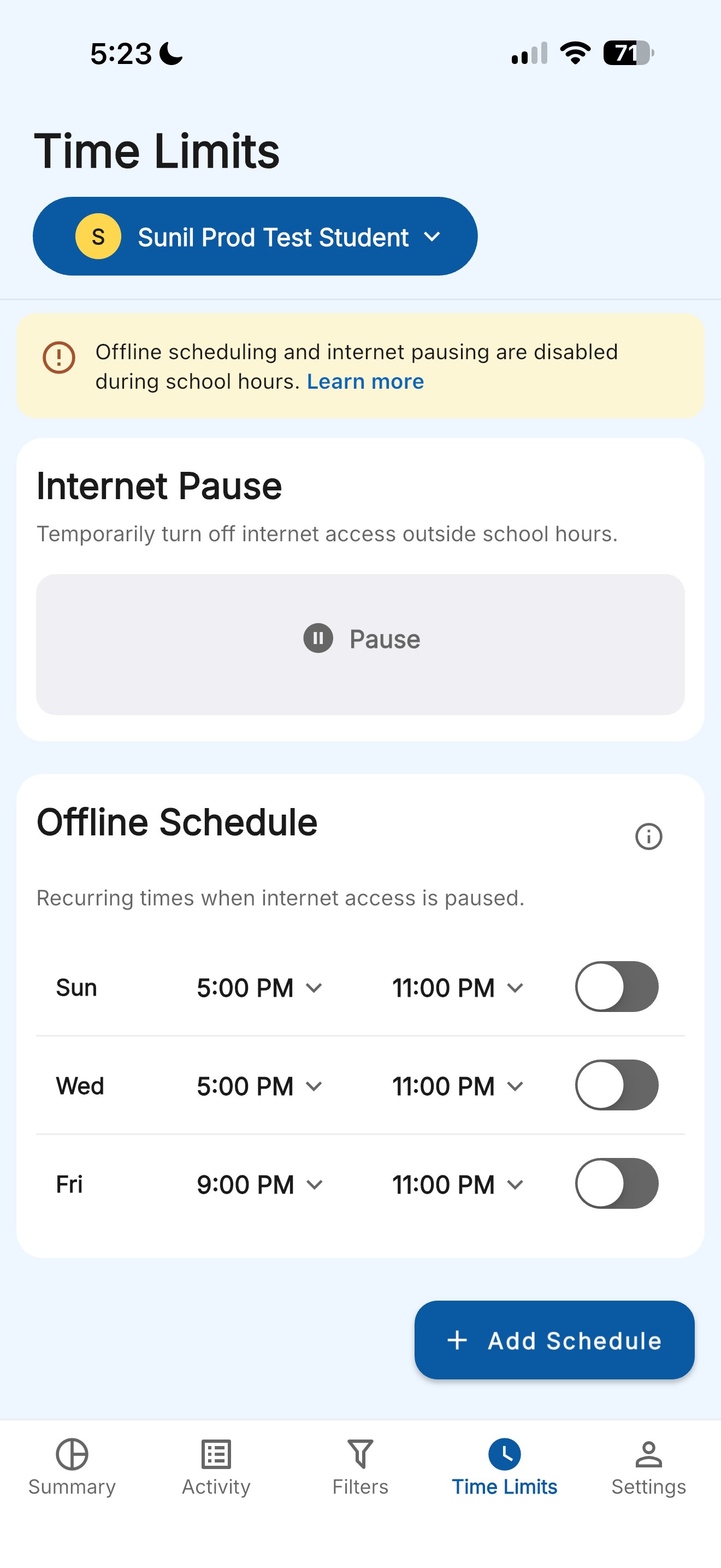 GoGuardian Parent Time Limits view showing recurring offline schedules on multiple days