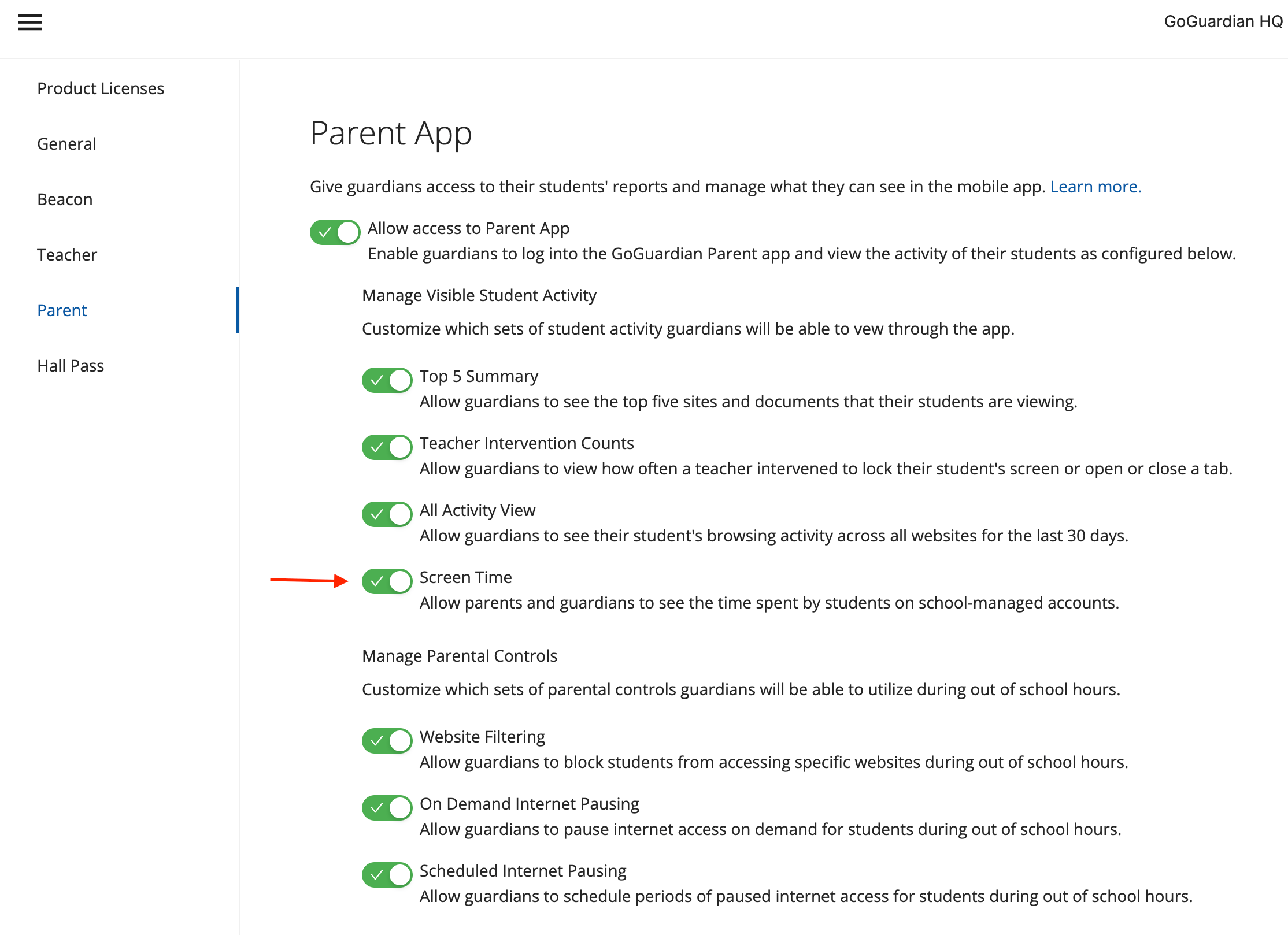 GoGuardian Org Management Parent App settings with Screen Time enabled as a guardian-visible activity option