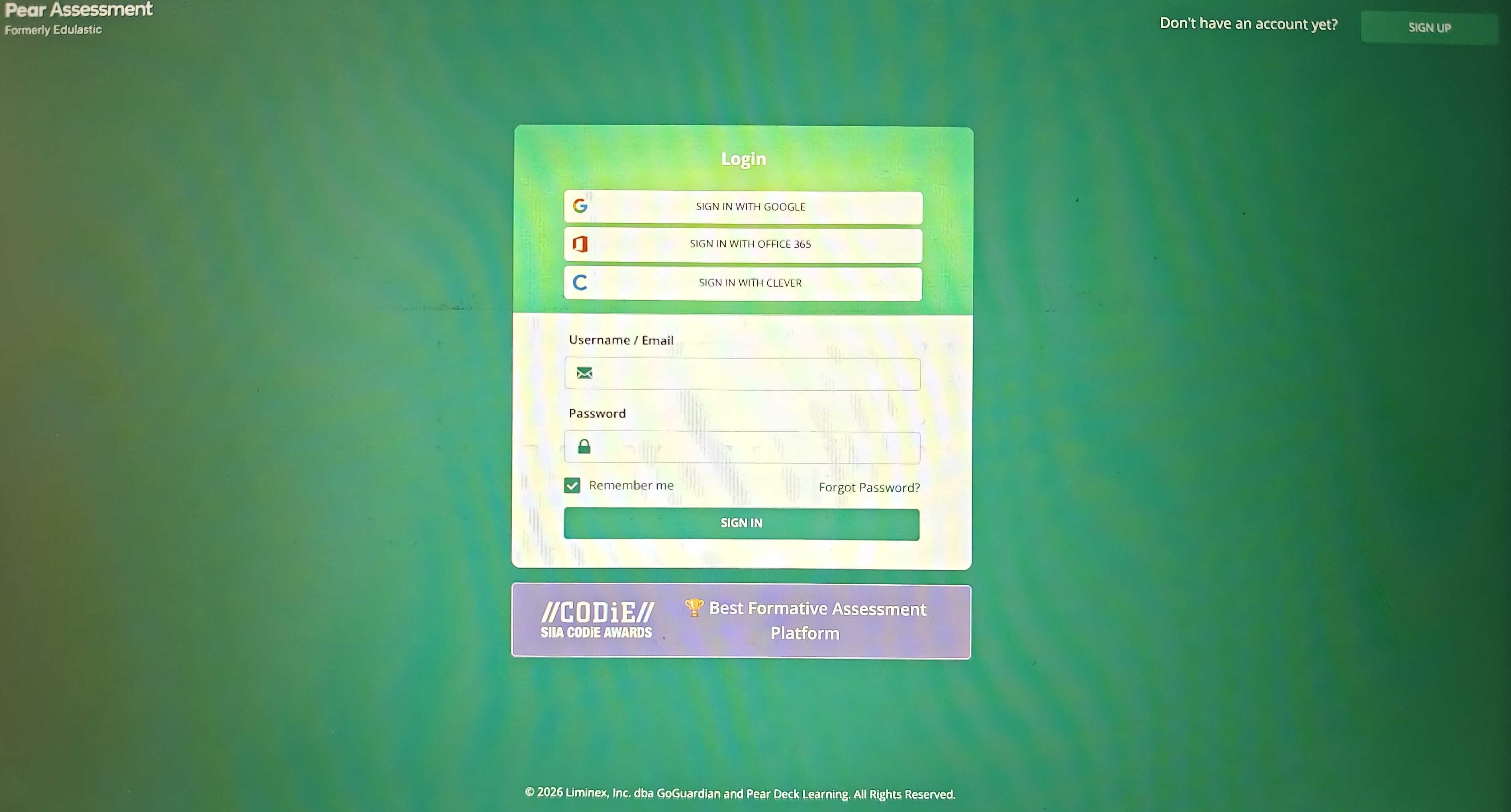 The sign-in page for the Pear Assessment Kiosk app.