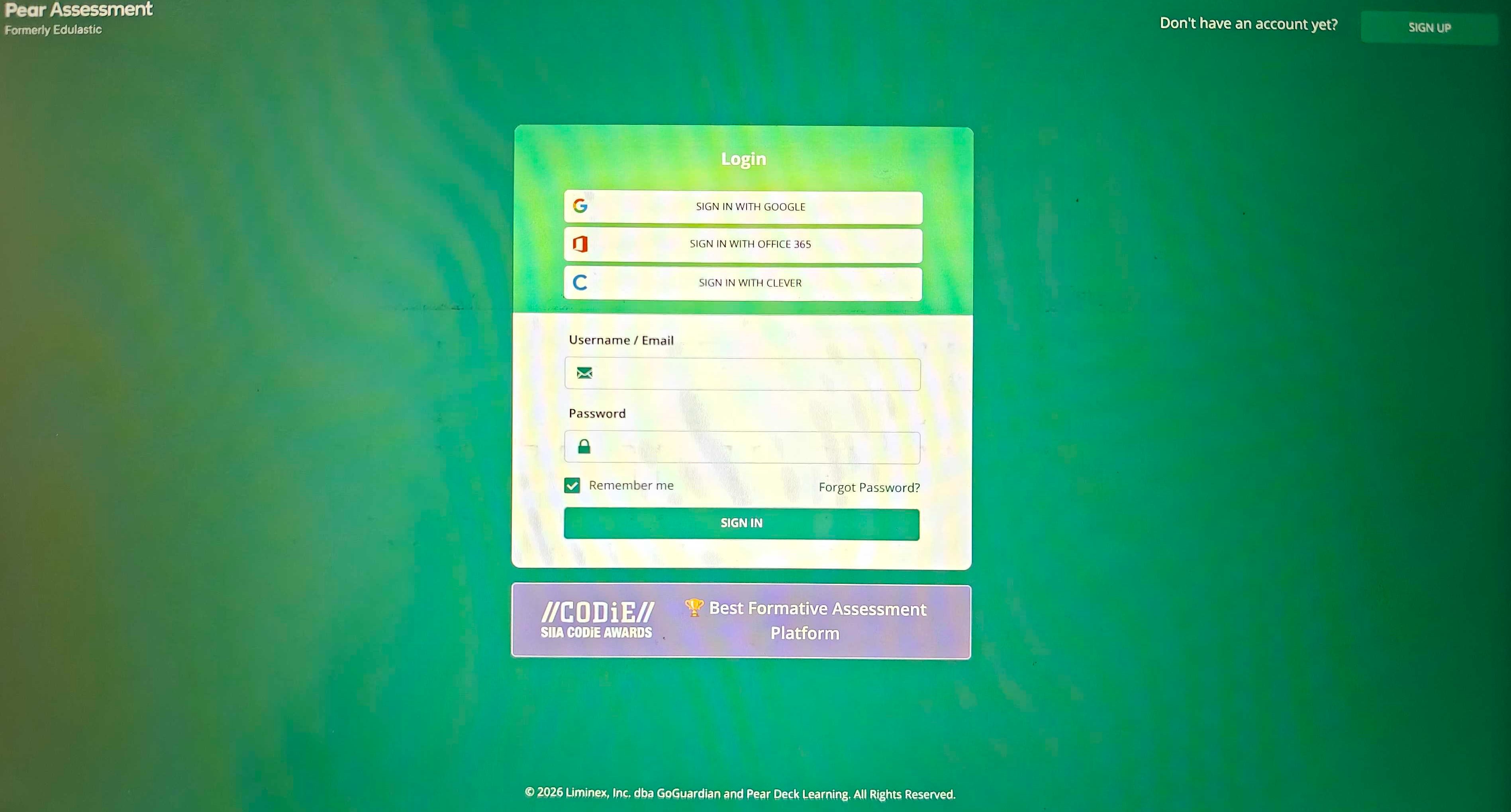 The sign-in page for the Pear Assessment Kiosk app.