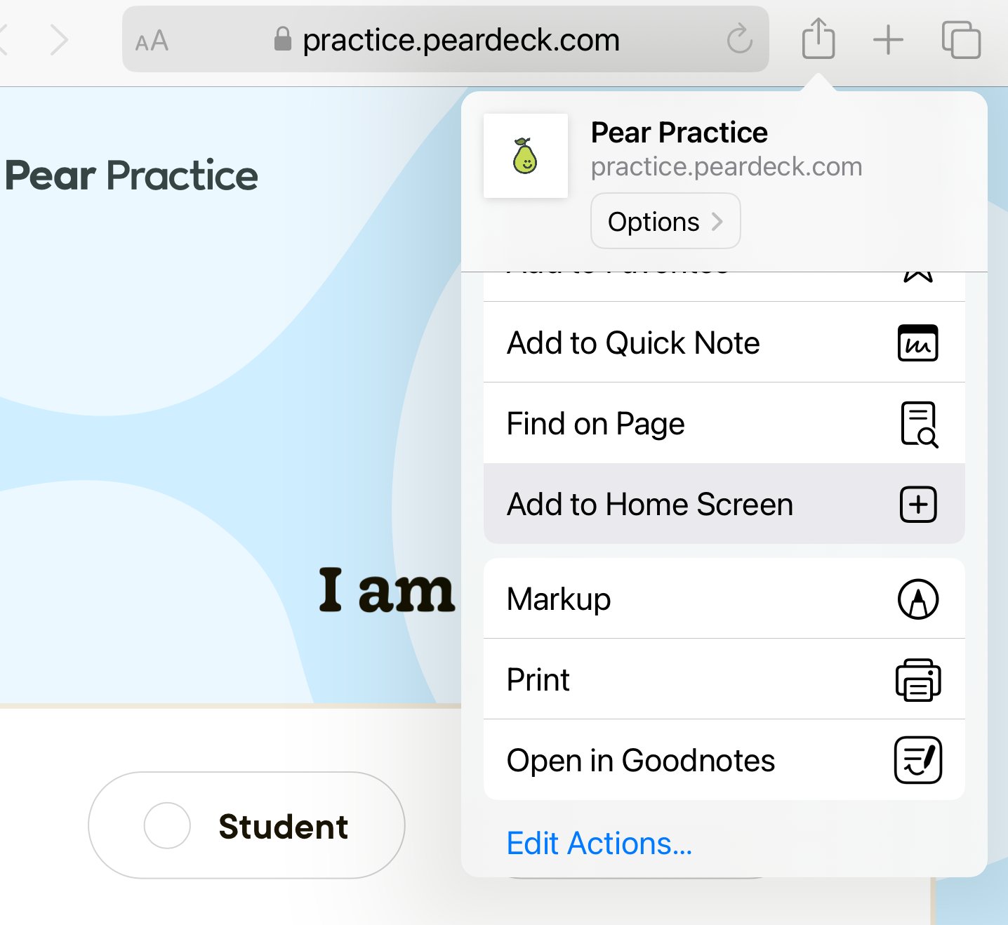 From the Share button, tap "Add to Home Screen" to create a shortcut to the website on your iPad.
