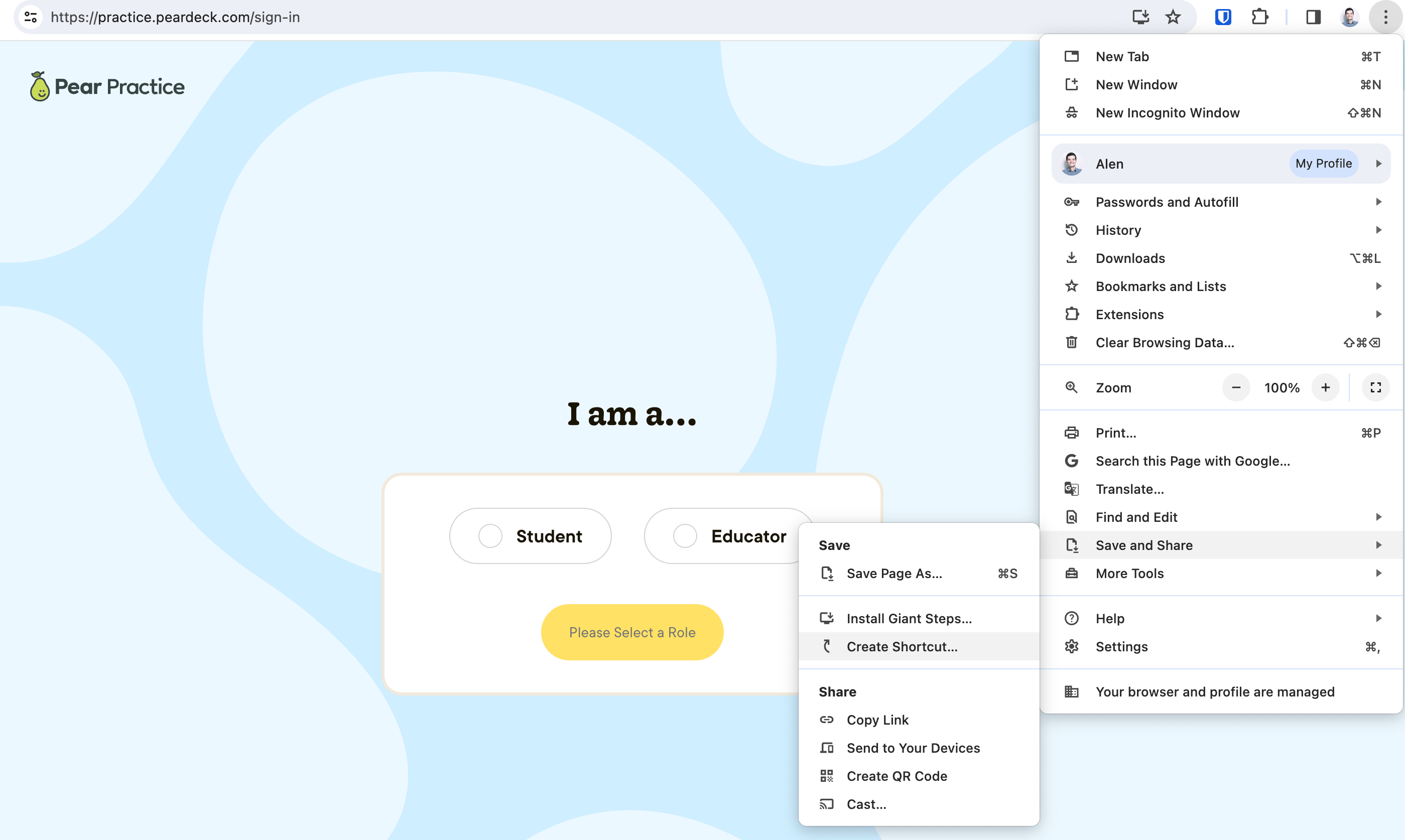 From the ellipsis menu, you can click on More Tools > Create Shortcut.