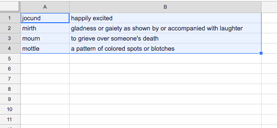 Sample spreadsheet with terms and definitions