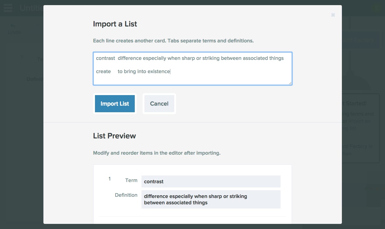 Vocabulary list editor modal window for importing a Vocabulary list from a spreadsheet
