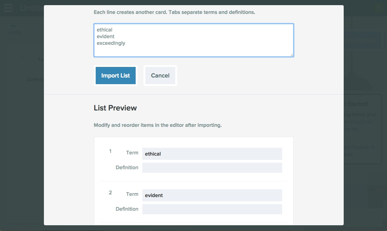 Vocabulary list editor window showing a terms only option