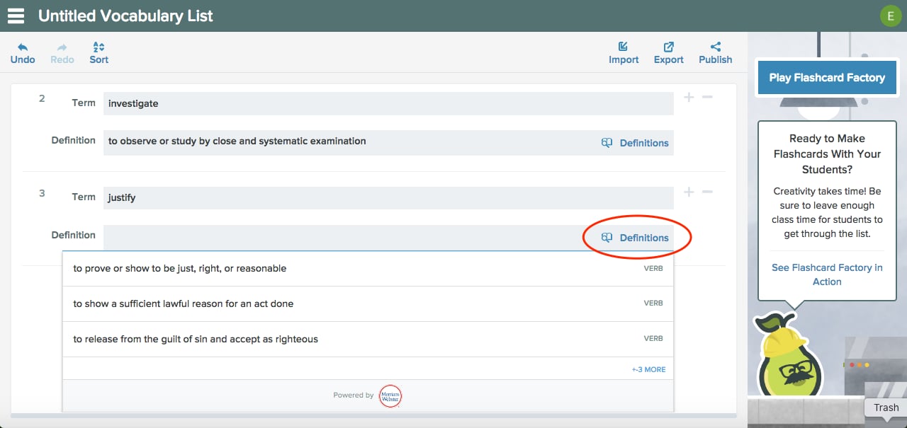 Vocabulary list editor window showing terms and definitions