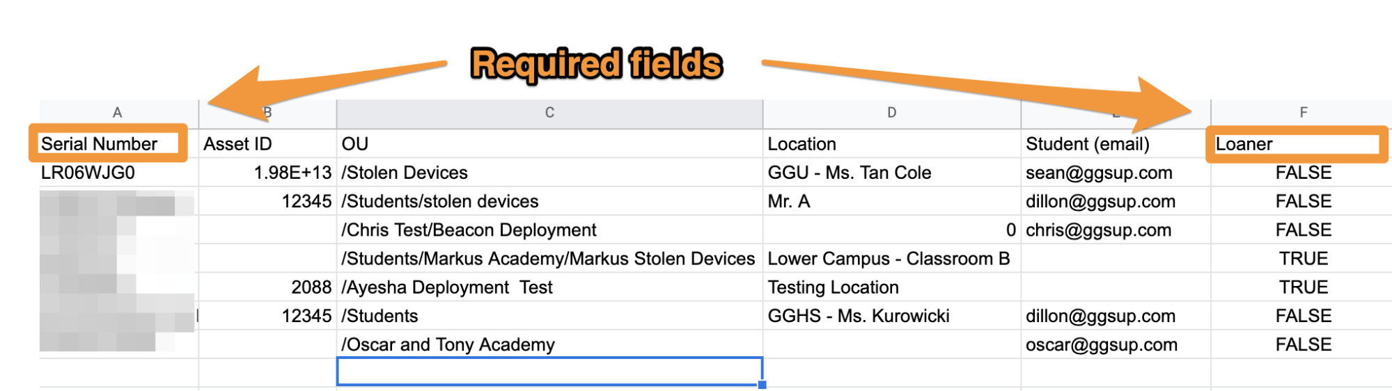 Spreadsheet for Fleet Columns A. Serial Number and F. Loaner are highlighted and Marked as Required Fields. Loaner…