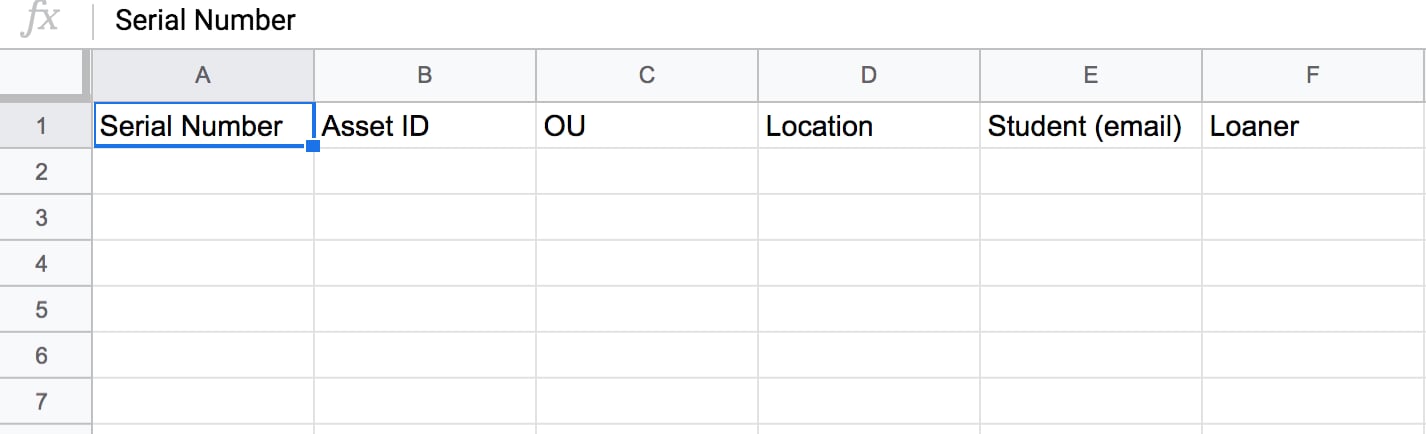 a GoGuardian CSV template displaying a CSV file with headers for Serial Number, Asset ID, OU, Location, Student…