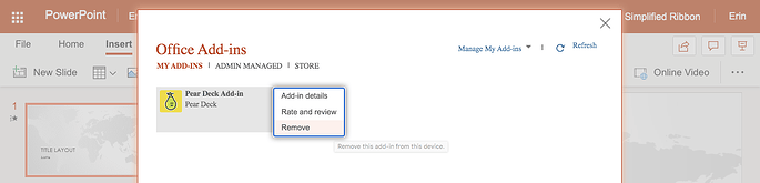 Office, add-ins, remove pear deck, zoomed