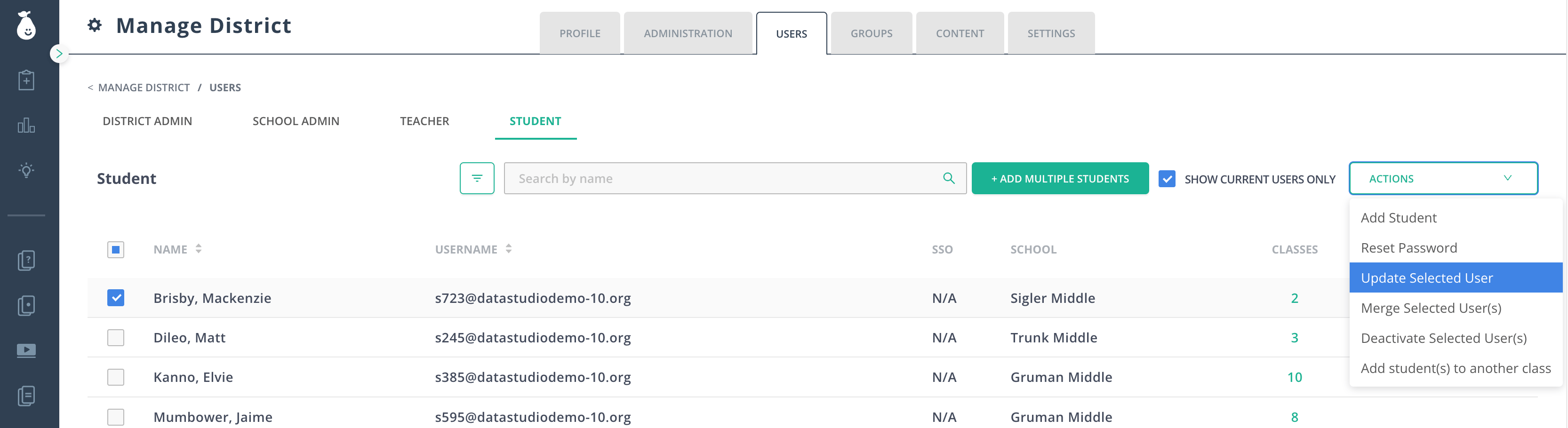 Options to manage users from the Actions dropdown menu.