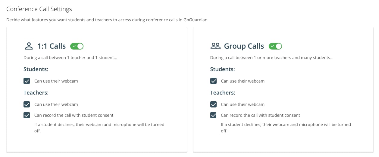 Conference Call Settings page with 1:1 Calls and Group Calls