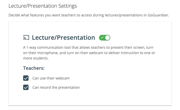 Lecture and Presentation Settings page with Lecture/Presentation toggled on