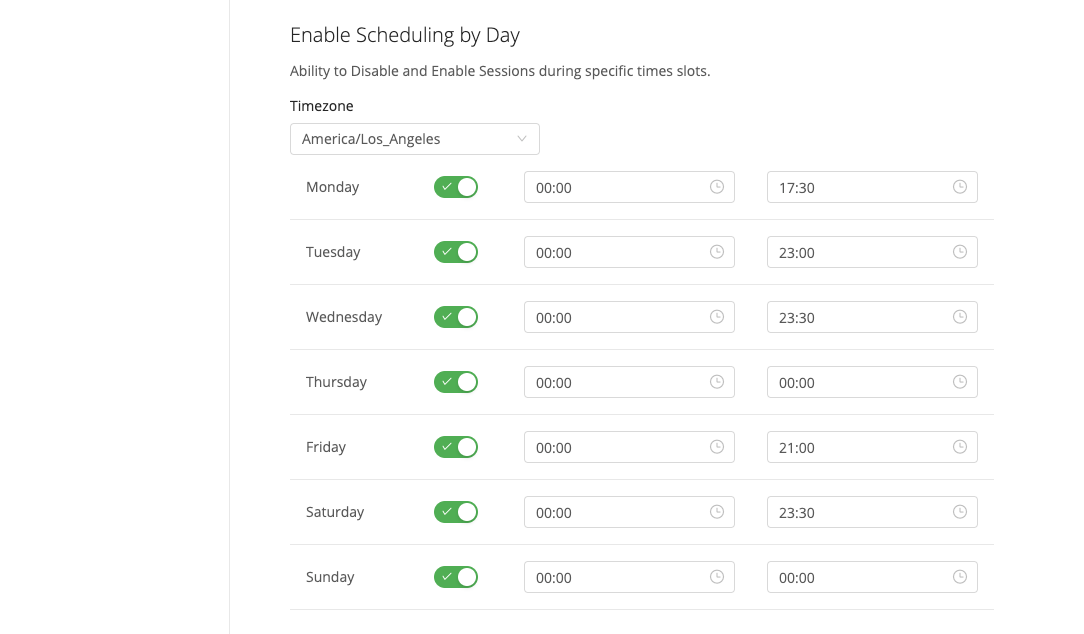 Enable Scheduling by Day page with timezone and days of week toggled on