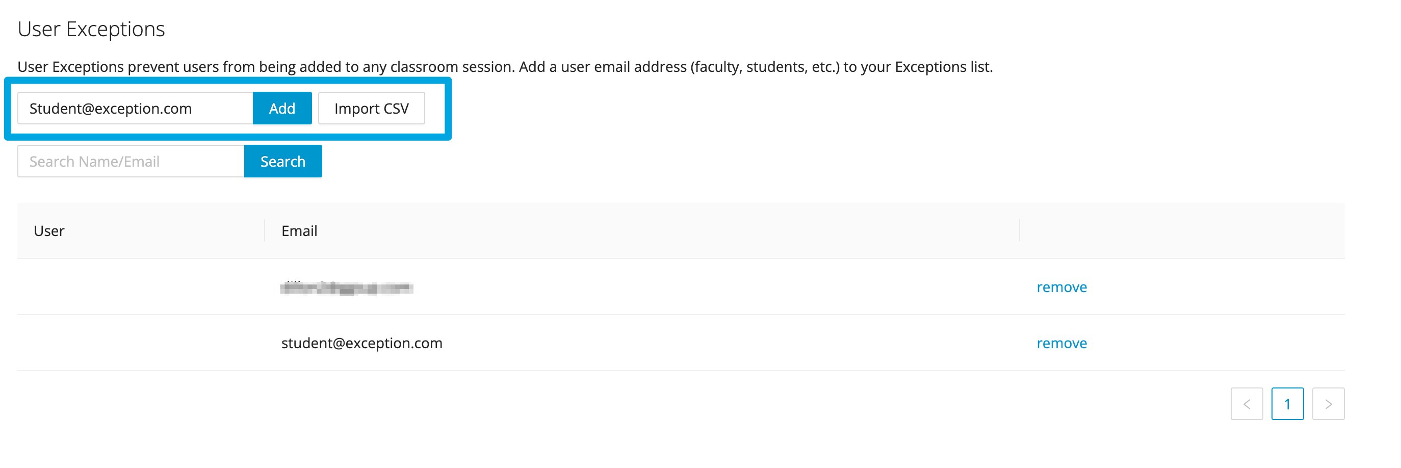 The User Exceptions interface for adding a user by email to keep them from joining GoGuardian Teacher classes