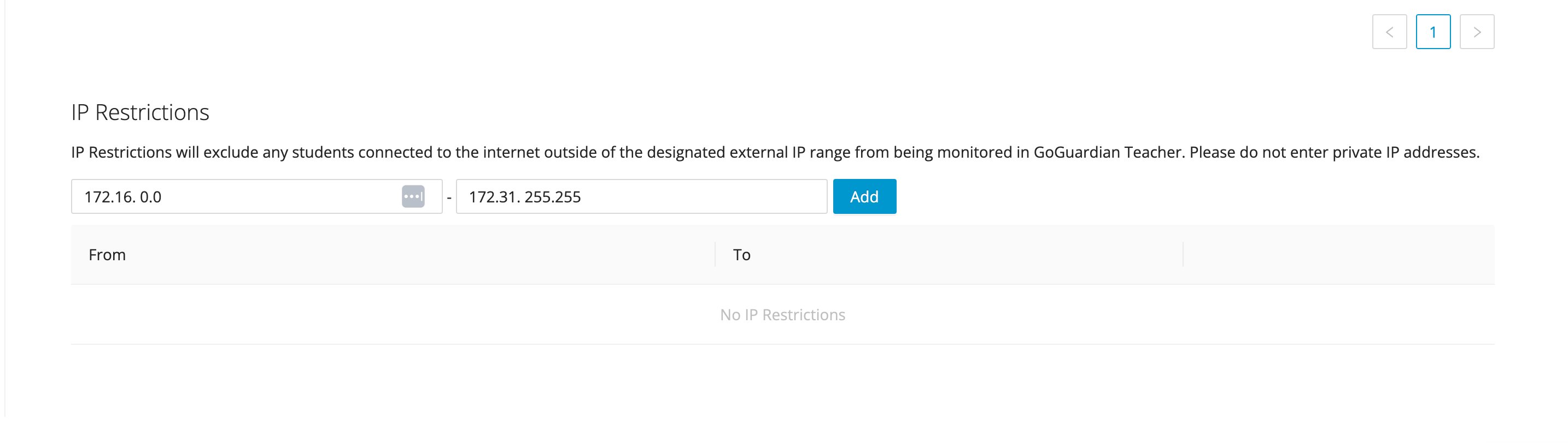 The IP restrictions GoGuardian Teacher setting for disabling class sessions outside of a specific IP range
