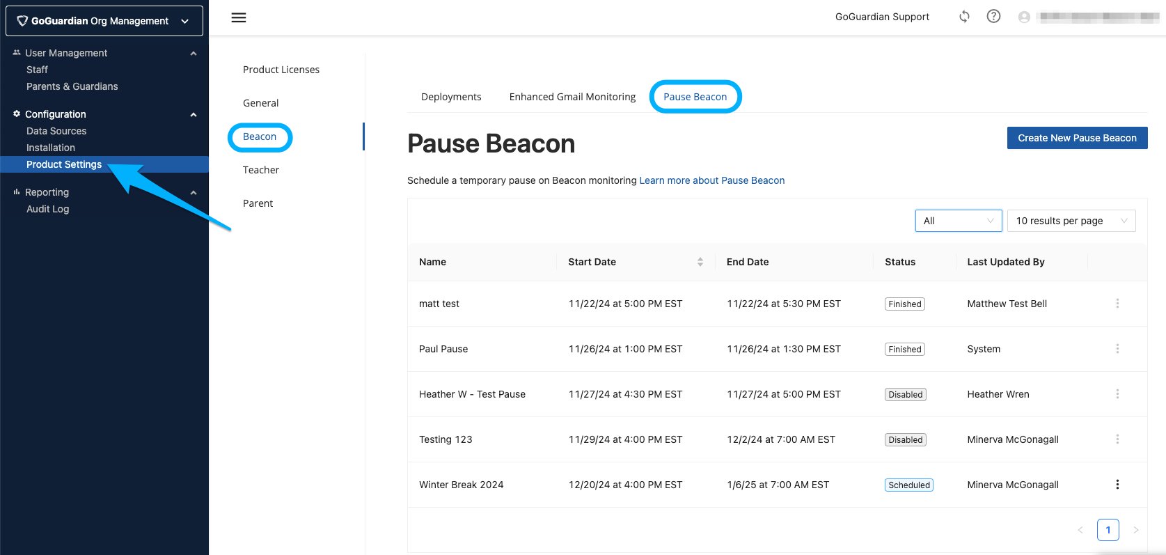 View Scheduled Pauses