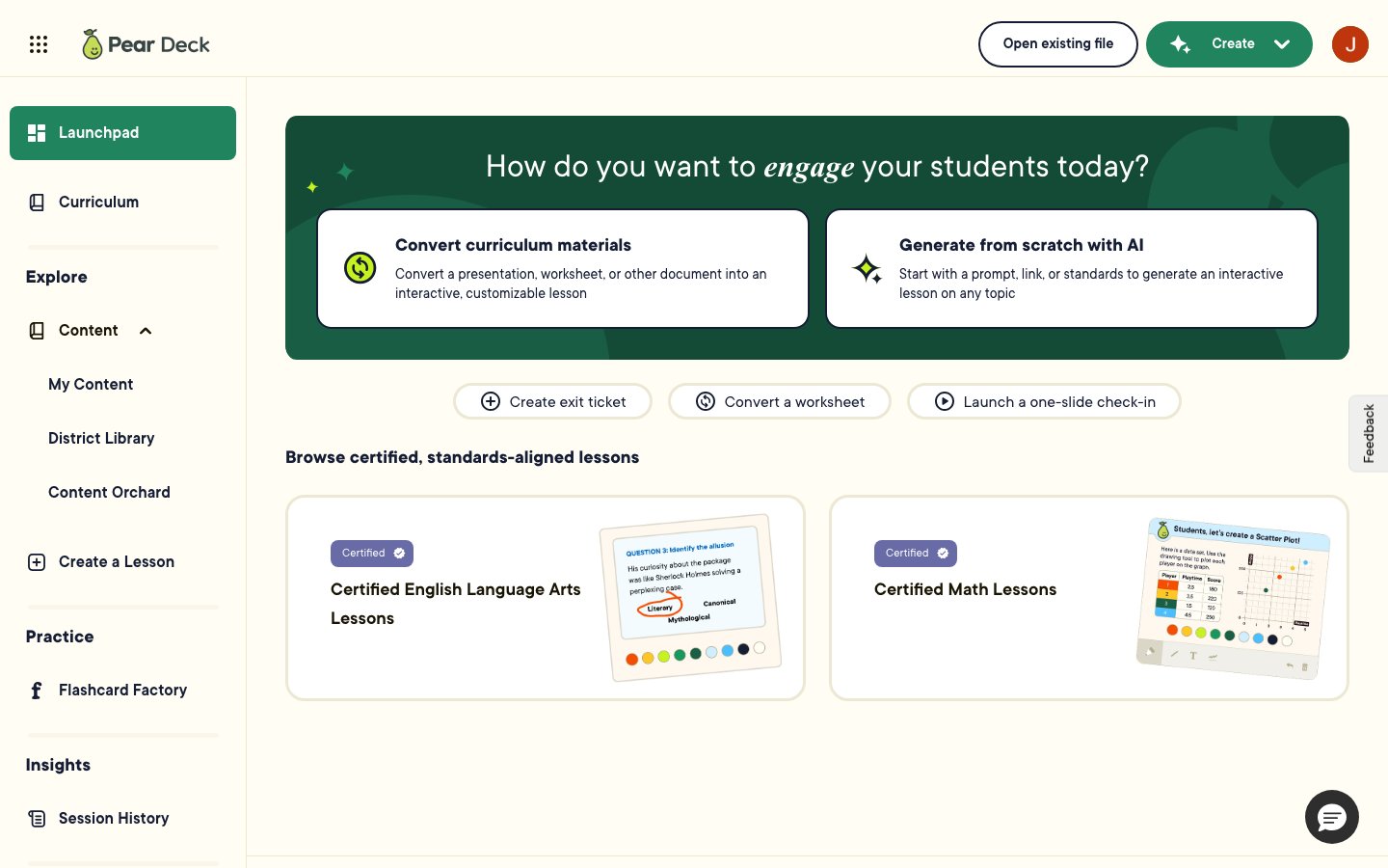 Pear Deck Launchpad showing the Generate from Scratch with AI and Convert Curriculum Materials cards