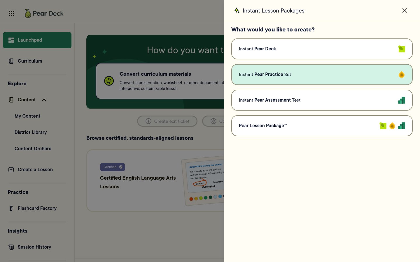 Instant Lesson Packages panel showing the Instant Pear Deck, Instant Pear Practice Set, Instant Pear Assessment Test, and Pear Lesson Package options