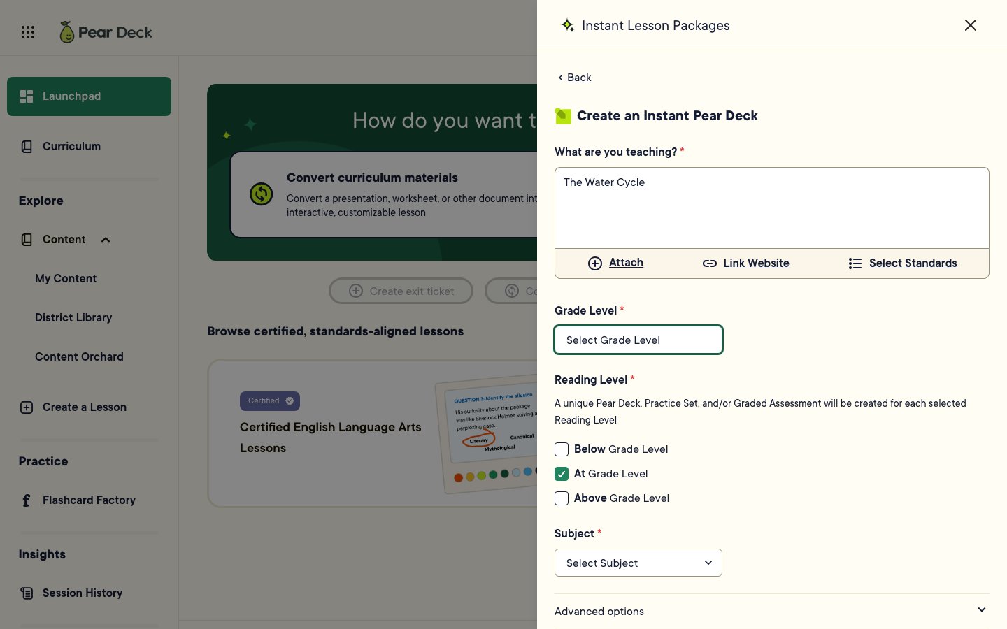 Create an Instant Pear Deck form with a topic entered in the What are you teaching field