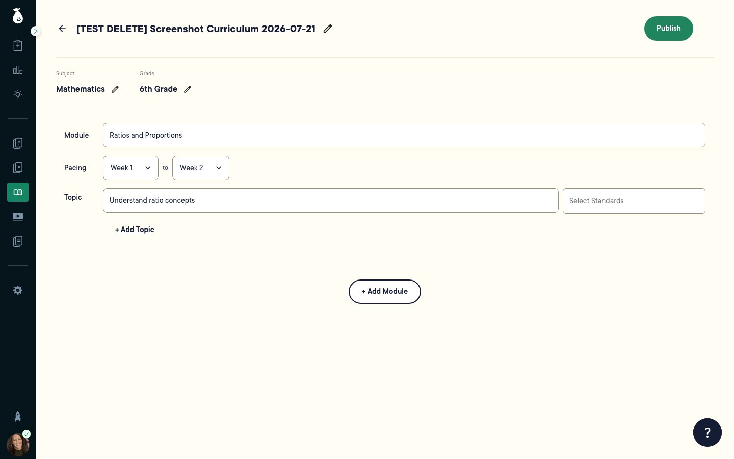 Draft curriculum editor with a module and topic filled in