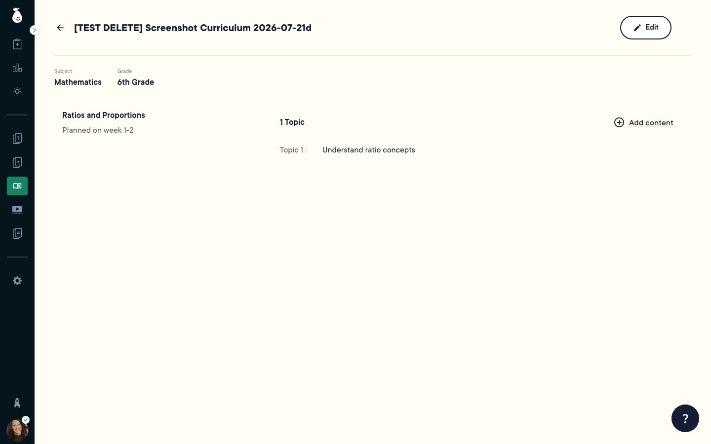 Published curriculum showing the Add content link next to a module